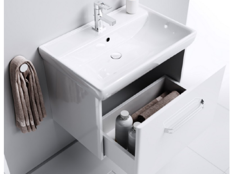 Подвесная тумба в белом глянцевом цвете с одним ящиком с умывальником