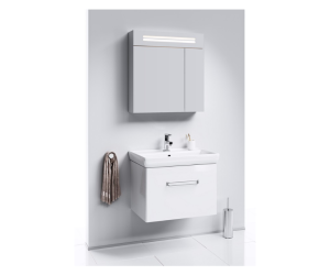 Подвесная тумба в белом глянцевом цвете с одним ящиком с умывальником