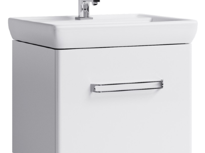 Подвесная тумба в белом глянцевом цвете с одним ящиком с умывальником