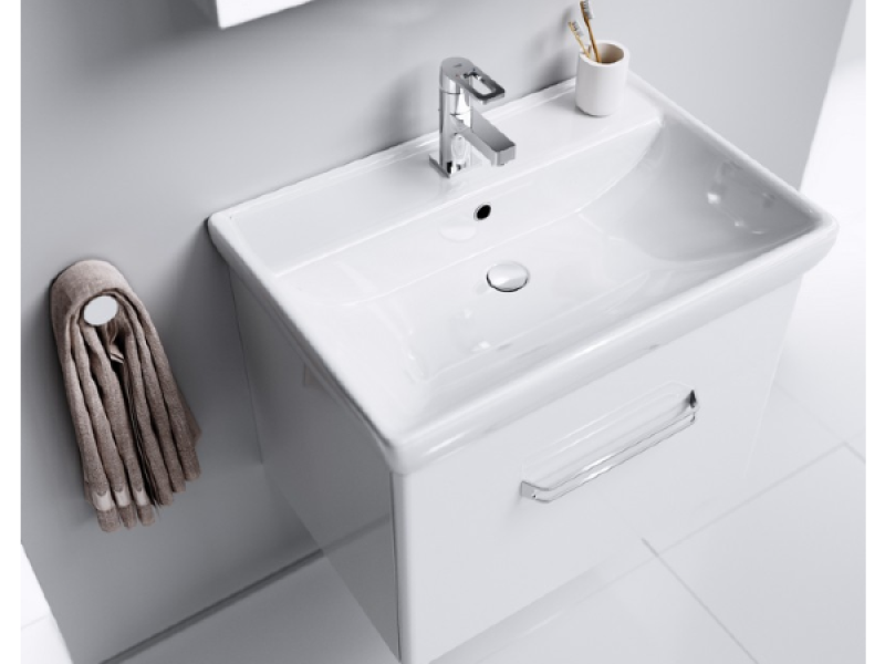 Подвесная тумба в белом глянцевом цвете с одним ящиком с умывальником