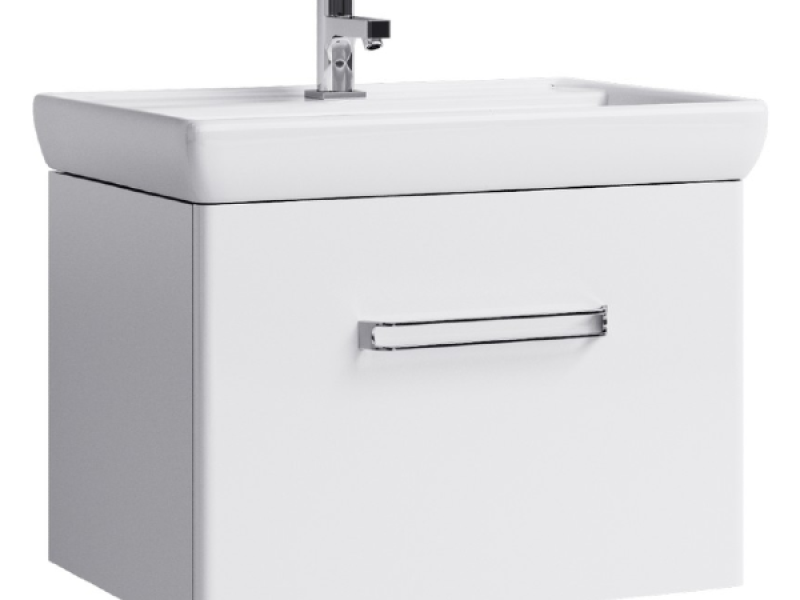 Подвесная тумба в белом глянцевом цвете с одним ящиком с умывальником