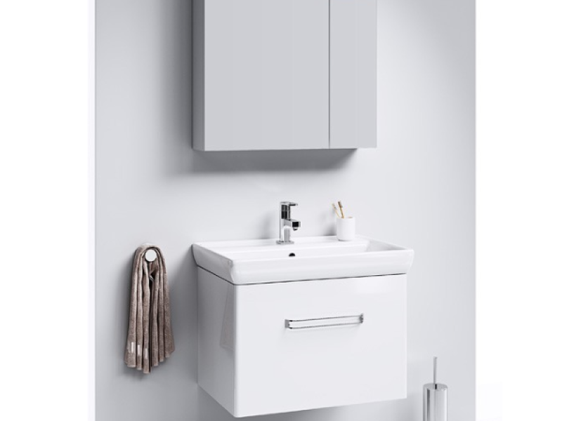 Подвесная тумба в белом глянцевом цвете с одним ящиком с умывальником