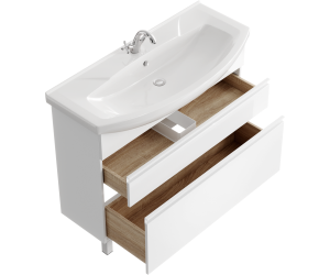 Напольная тумба 107 см с двумя ящиками в белом цвете, с умывальником