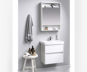 Универсальный левый/правый зеркальный шкаф с одной дверью и двумя открытыми полками, цвет дуб канадский