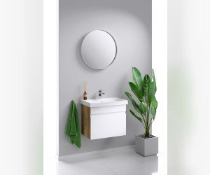 Подвесная тумба с одним ящиком, цвет дуб балтийский с умывальником