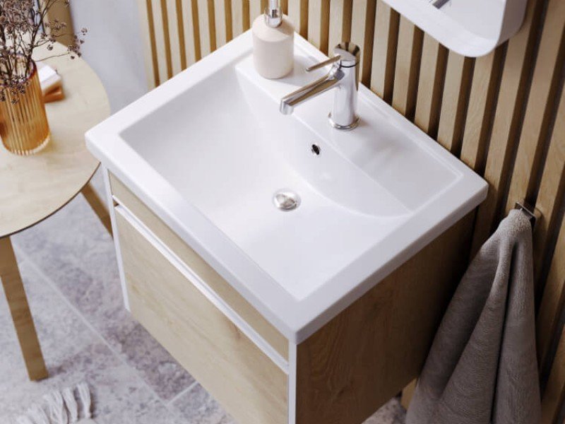 Подвесная тумба 60 см с одним ящиком в цвете дуб давос, с умывальником