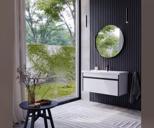 Подвесная тумба 100 см с одним ящиком в белом цвете, с умывальником