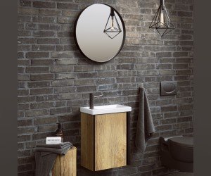 Подвесная тумба 45 см с одной универсальной дверью в цвете дуб балтийский, с умывальником