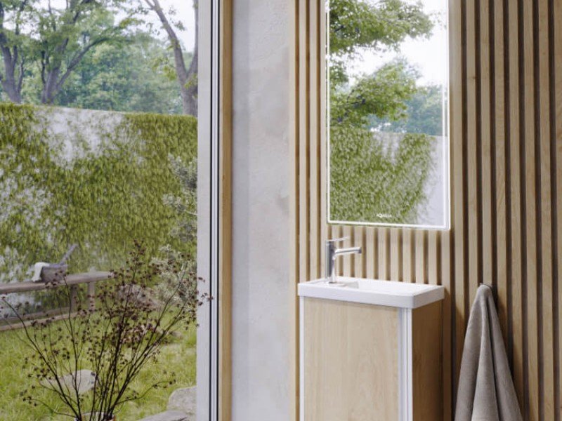 Подвесная тумба 45 см с одной универсальной дверью в цвете дуб давос, с умывальником