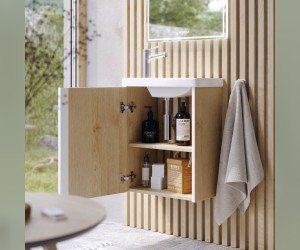 Подвесная тумба 45 см с одной универсальной дверью в цвете дуб давос, с умывальником