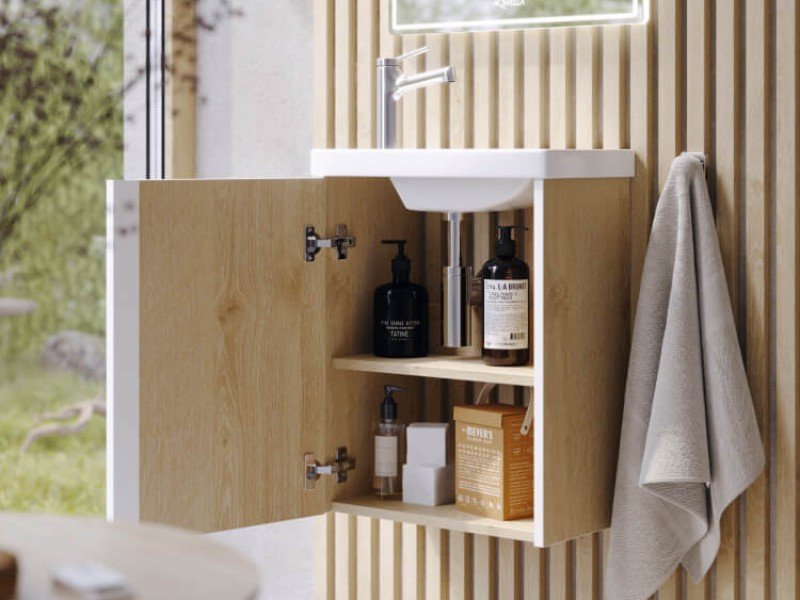 Подвесная тумба 45 см с одной универсальной дверью в цвете дуб давос, с умывальником