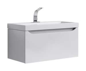 Подвесная тумба в цвете белый глянец с одним выдвижным ящиком и полкой, скрытой за фасадом, с умывальником из литьевого мрамора