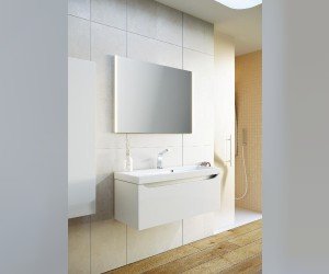 Подвесная тумба в цвете белый глянец с одним выдвижным ящиком и полкой, скрытой за фасадом, с умывальником из литьевого мрамора