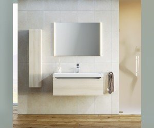 Подвесная тумба в цвете акация с одним выдвижным ящиком и полкой, скрытой за фасадом, с умывальником из литьевого мрамора