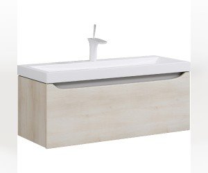 Подвесная тумба в цвете акация с одним выдвижным ящиком и полкой, скрытой за фасадом, с умывальником из литьевого мрамора