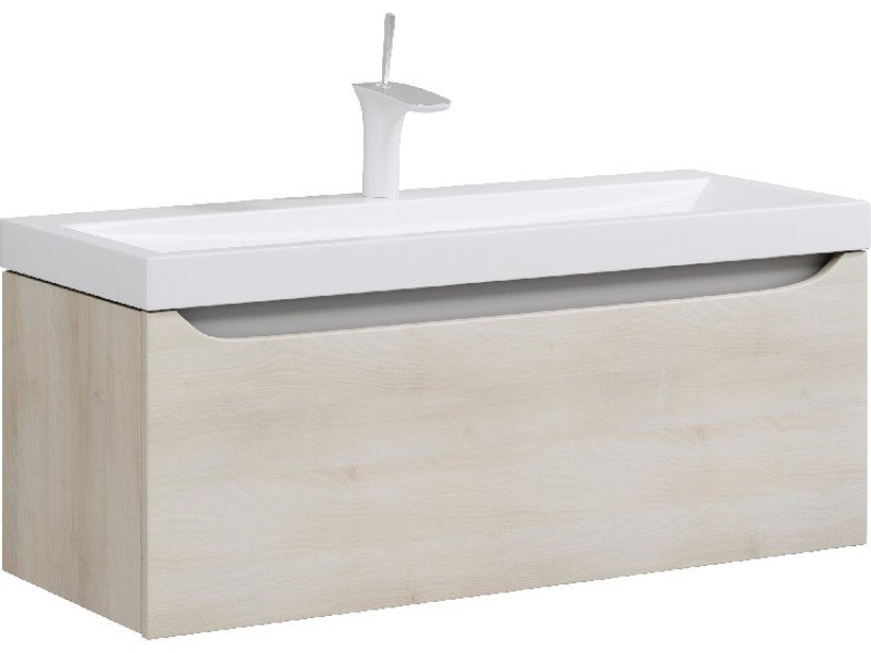 Подвесная тумба в цвете акация с одним выдвижным ящиком и полкой, скрытой за фасадом, с умывальником из литьевого мрамора