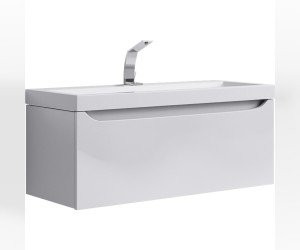 Подвесная тумба в цвете белый глянец с одним выдвижным ящиком и полкой, скрытой за фасадом, с умывальником из литьевого мрамора