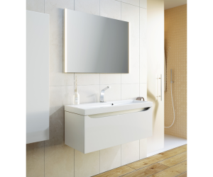 Подвесная тумба в цвете белый глянец с одним выдвижным ящиком и полкой, скрытой за фасадом, с умывальником из литьевого мрамора